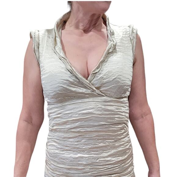 NICOLE MILLER Gold Foil Crimped Party Dress 8 Gathered Low Cut V-Neck Bodycon - Picture 3 of 9